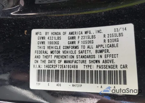 2014 Honda Accord Ex from USA, damaged, VIN 1HGCR2F72EA190468